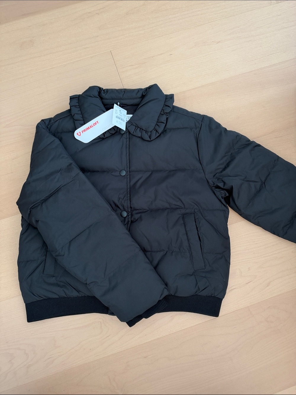 Jcrew crewcut Black Quilted Bomber Jacket with Ruffle Collar